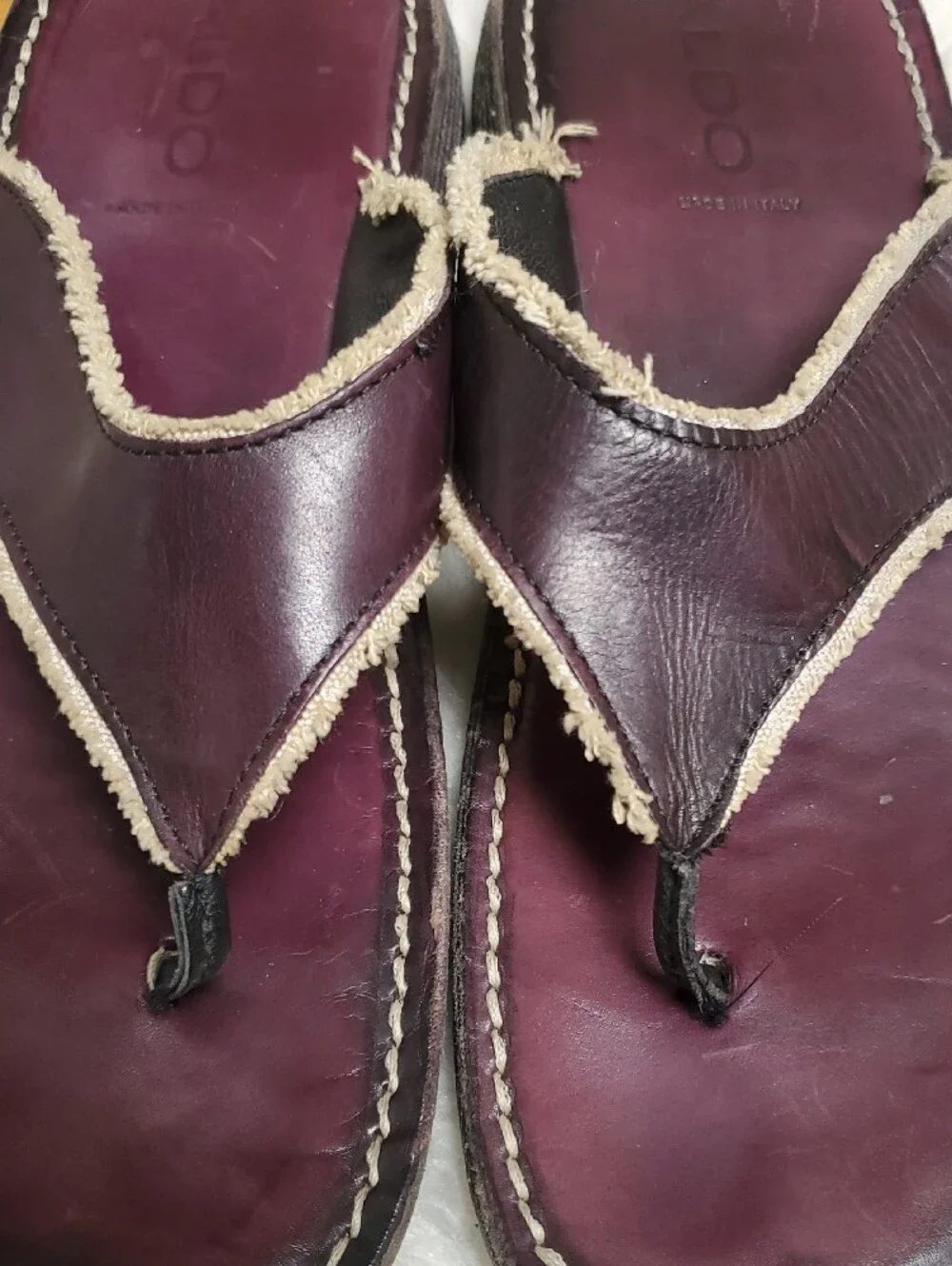 Aldo Plum Leather Thong Sandals with Contrast Trim